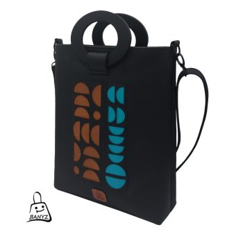 többfunkciós női táska kézitáska és válltáska egyben fekete türkiz barna fafogós női táska elölnézet