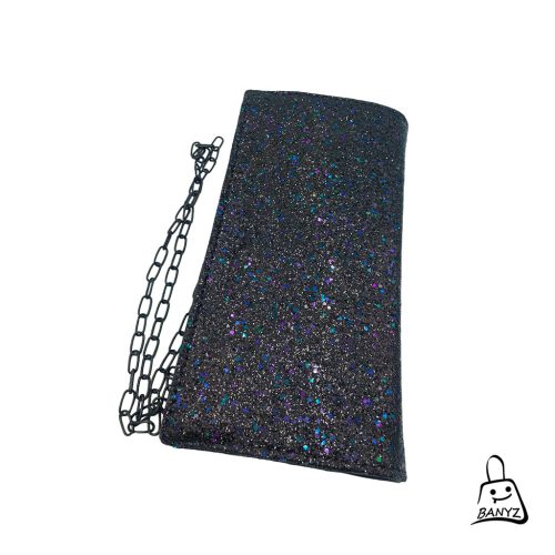 Elegáns fekete csillámos alkalmi táska lecsatolható lánccal – Banyz