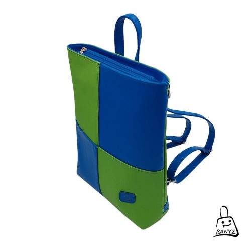 kék–zöld többfunkciós női táska kézitáskaként – hátizsák kézitáska és válltáska egyben